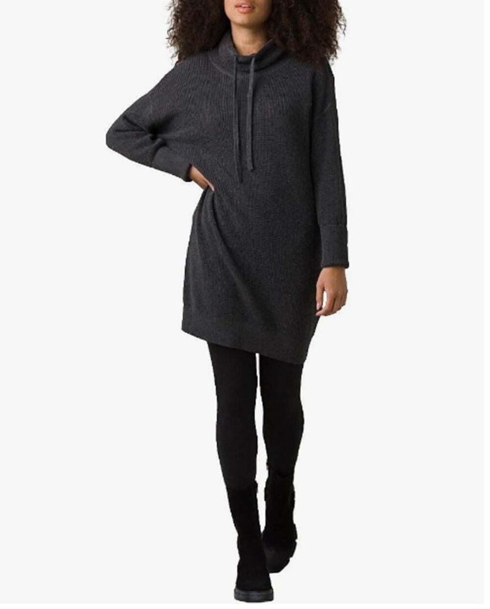 Prana Gray Charcoal Milani Sweater Dress Womens XS Drawstring Cowl Neck Bodycon